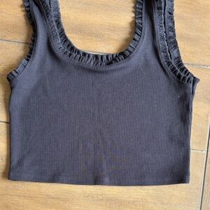 American Eagle Outfitters Black Ribbed Ruffle-Trim Crop Tank